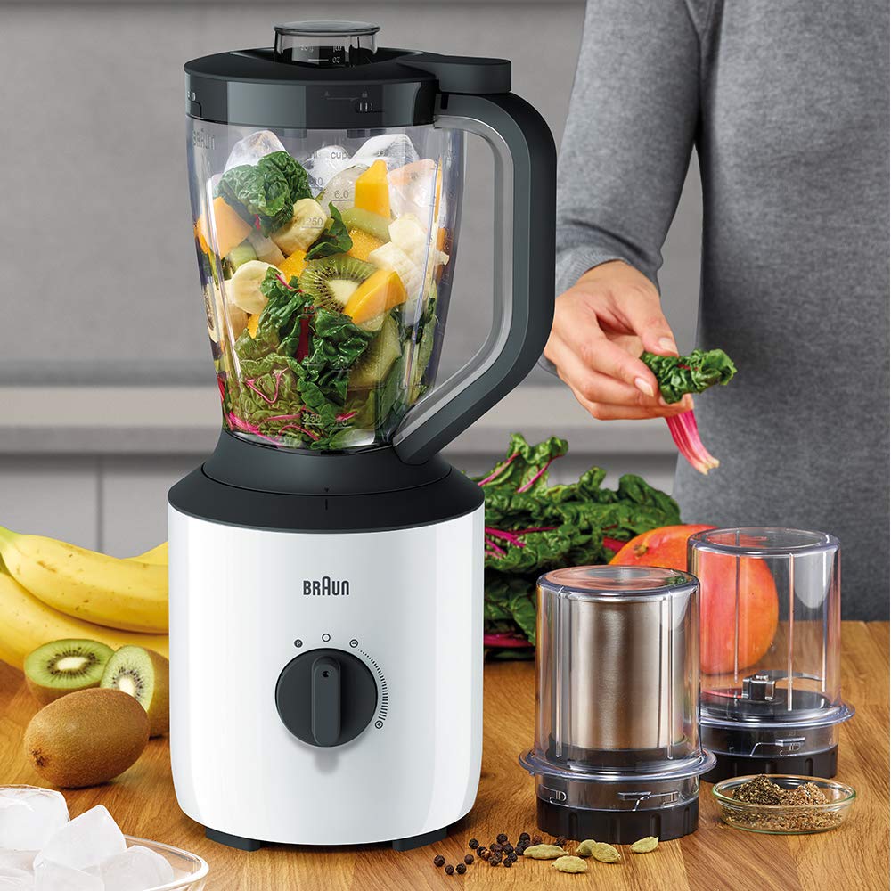 Braun Powerblend Jug Blender, 800W, 1.5L blender, TriAction Technology, Variable speed and Pulse function, Silent blending, chopper & grinder خلاط باور بلند بوعاء من براون Braun Powerblend Jug Blender, 800W, 1.5L blender, TriAction Technology, Variable speed and Pulse function, Silent blending, chopper & grinder خلاط باور بلند بوعاء من براون